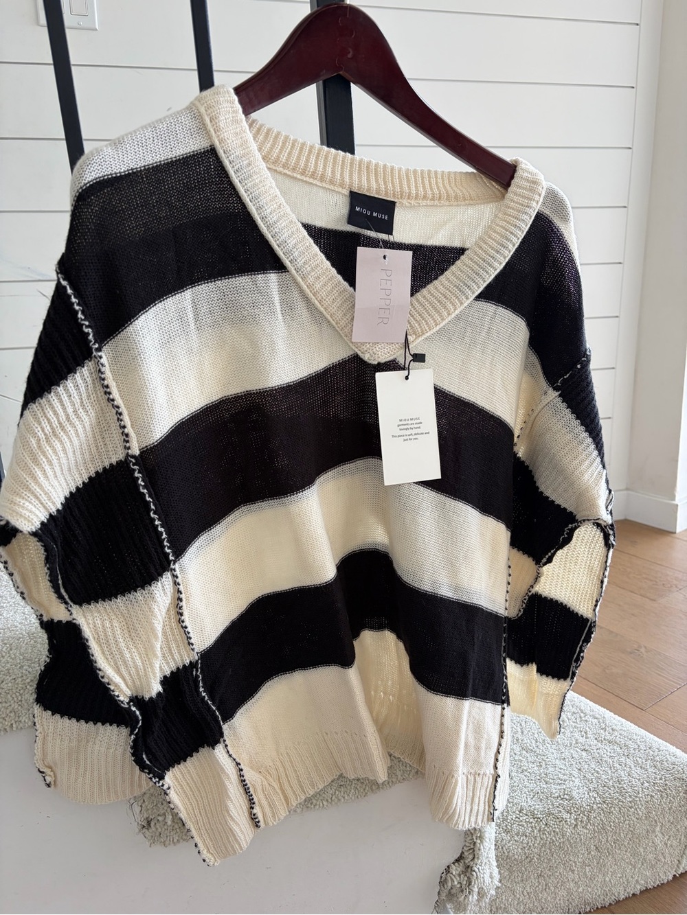 Moussy Striped V-Neck Sweater in Black and Cream